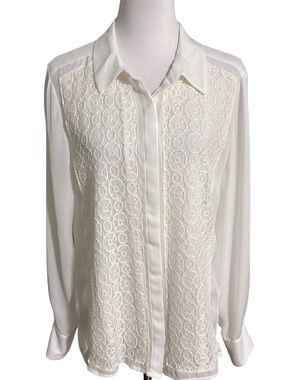 Carmen Marc Valvo Cream Lace Front Button-Down Shirt